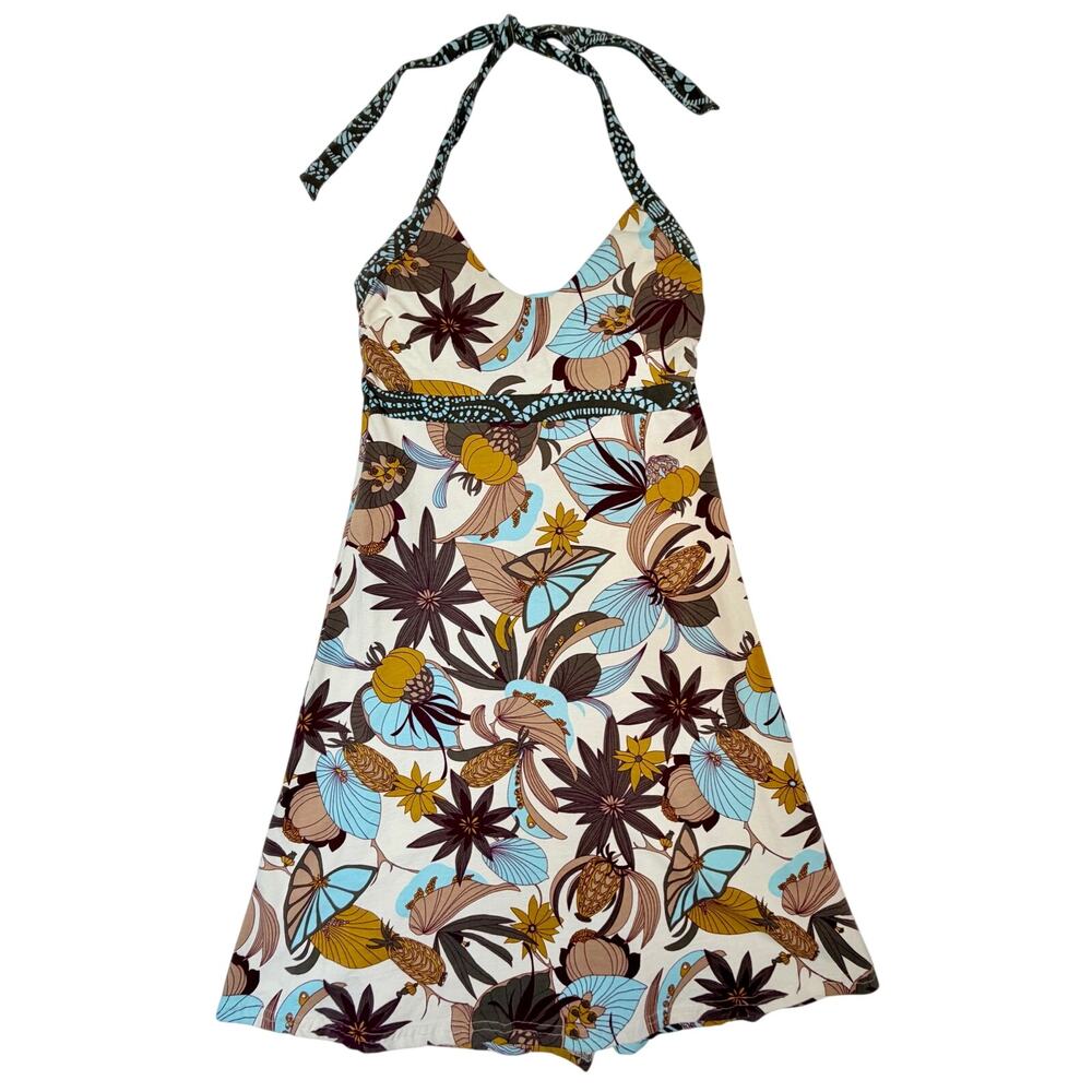 Patagonia Organic Cotton Halter Dress M Floral Tropical Sundress Blue Brown
